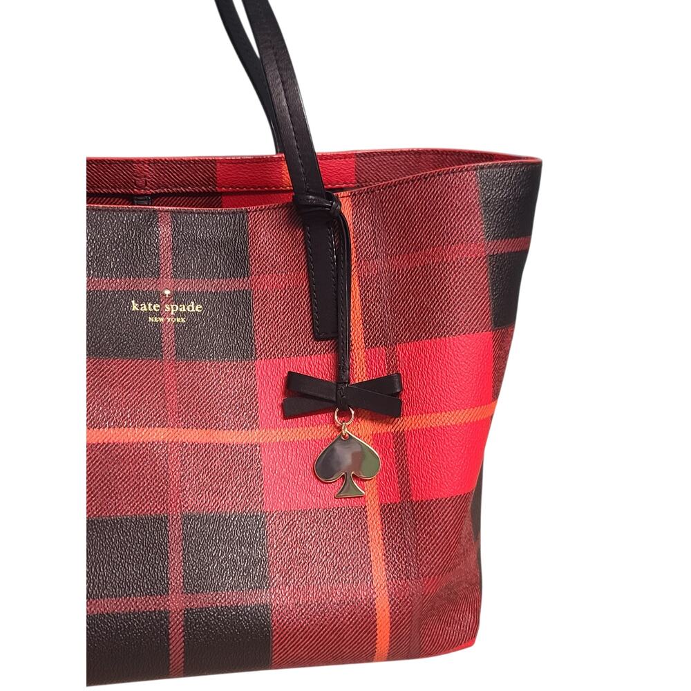 Kate Spade Ryan Plaid Medium Tote Red Black Buffalo Check - Picture 2 of 8